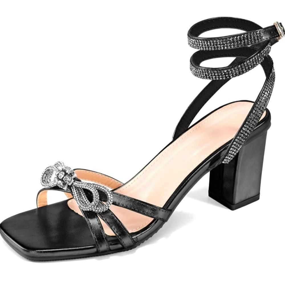 NIB Sparkly Rhinestone Bow & Buckle Ankle Straps Square Toe Chunky Heels